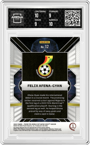 Felix Afena-Gyan from the 2022 Panini Prizm FIFA WC Qatar set graded by Arena Club and given an overall grade of 9.5.