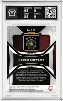 Karim Adeyemi from the 2022 Panini Prizm FIFA WC Qatar set graded by Arena Club and given an overall grade of 9.