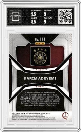 Karim Adeyemi from the 2022 Panini Prizm FIFA WC Qatar set graded by Arena Club and given an overall grade of 9.