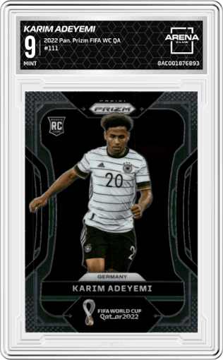 Karim Adeyemi from the 2022 Panini Prizm FIFA WC Qatar set graded by Arena Club and given an overall grade of 9.