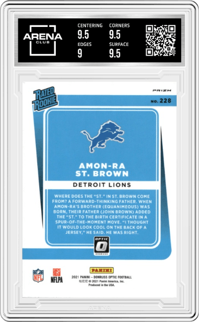 Amon-Ra St. Brown from the 2021 Panini Donruss Optic set featuring a Holo parallel graded by Arena Club and given an overall grade of 9.5.