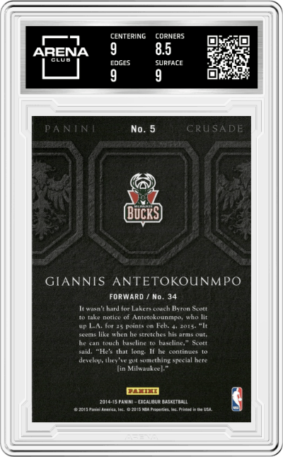 Giannis Antetokounmpo from the 2014-15 Panini Excalibur set graded by Arena Club and given an overall grade of 9.