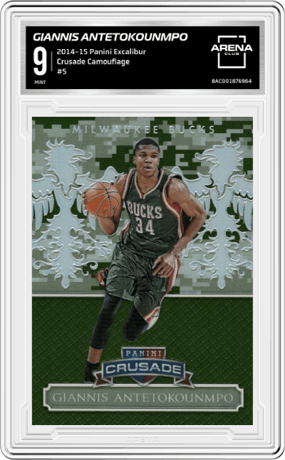Giannis Antetokounmpo from the 2014-15 Panini Excalibur set graded by Arena Club and given an overall grade of 9.