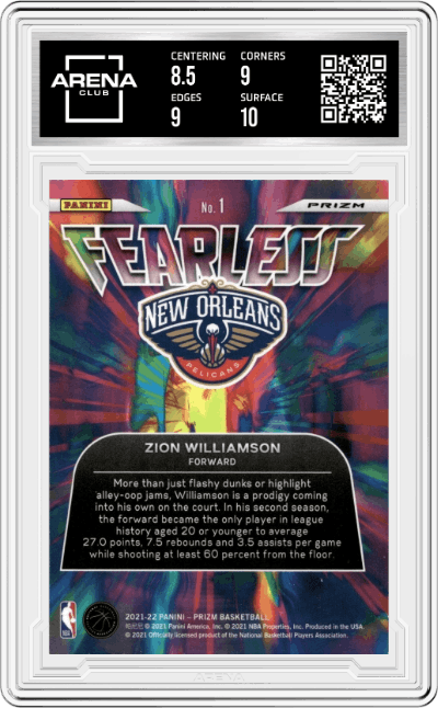 Zion Williamson from the 2021-22 Panini Prizm  set featuring a Fast Break parallel graded by Arena Club and given an overall grade of 9.