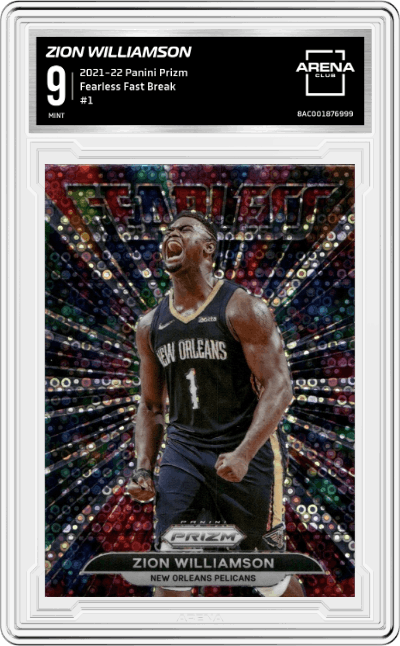 Zion Williamson from the 2021-22 Panini Prizm  set featuring a Fast Break parallel graded by Arena Club and given an overall grade of 9.