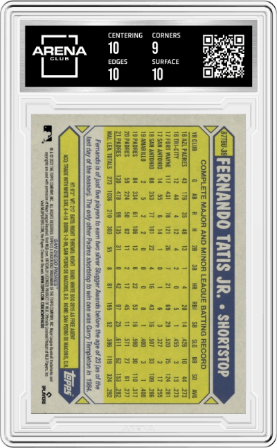 Fernando Tatis Jr. from the 2022 Topps Update  set graded by Arena Club and given an overall grade of 9.5.