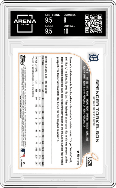 Spencer Torkelson from the 2022 Topps Update  set graded by Arena Club and given an overall grade of 9.5.