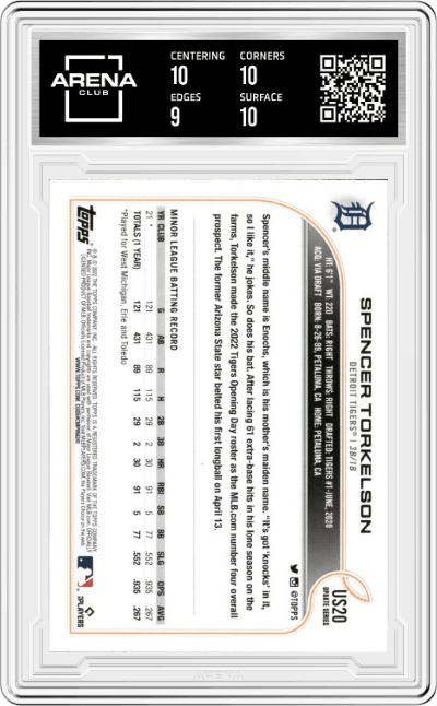 Spencer Torkelson from the 2022 Topps Update  set graded by Arena Club and given an overall grade of 9.5.