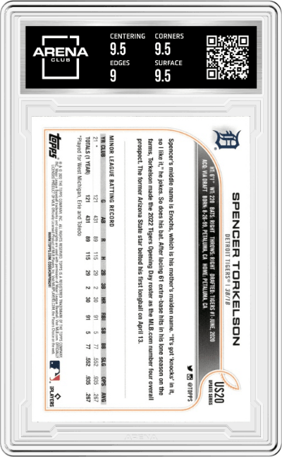 Spencer Torkelson from the 2022 Topps Update  set graded by Arena Club and given an overall grade of 9.5.