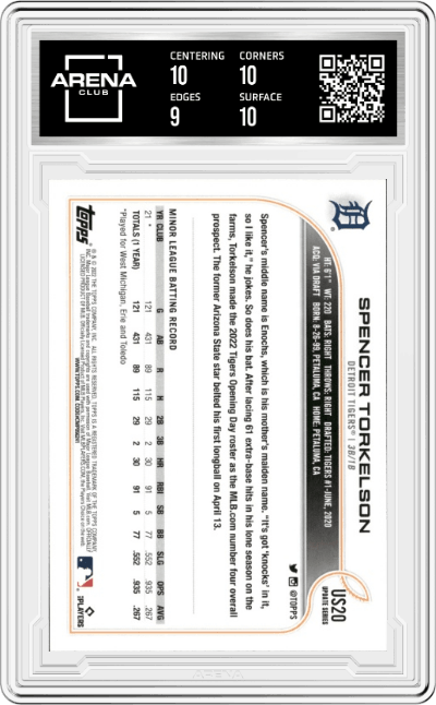 Spencer Torkelson from the 2022 Topps Update  set graded by Arena Club and given an overall grade of 9.5.