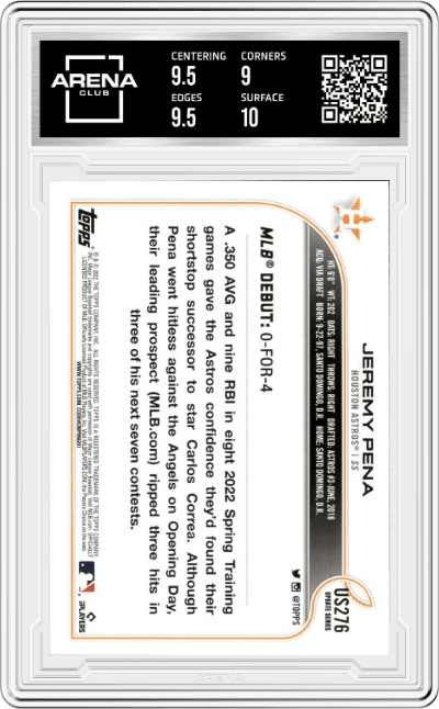 Jeremy Pena from the 2022 Topps Update  set graded by Arena Club and given an overall grade of 9.5.