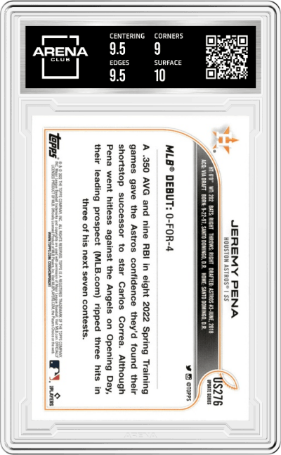 Jeremy Pena from the 2022 Topps Update  set graded by Arena Club and given an overall grade of 9.5.