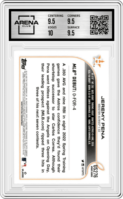 Jeremy Pena from the 2022 Topps Update  set graded by Arena Club and given an overall grade of 10.