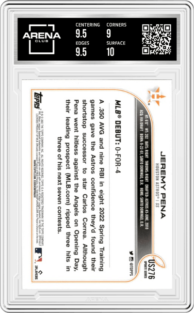 Jeremy Pena from the 2022 Topps Update  set graded by Arena Club and given an overall grade of 9.5.