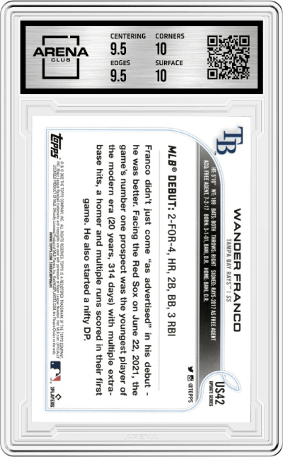 Wander Franco from the 2022 Topps Update  set graded by Arena Club and given an overall grade of 10.