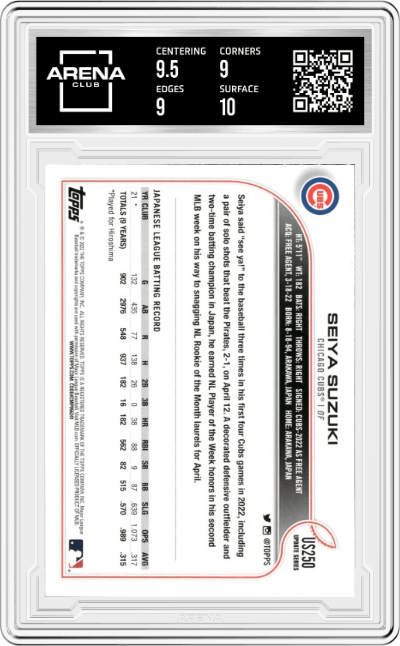 Seiya Suzuki from the 2022 Topps Update  set graded by Arena Club and given an overall grade of 9.5.