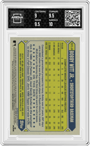 Bobby Witt Jr. from the 2022 Topps Baseball Silver Pack  set graded by Arena Club and given an overall grade of 9.5.