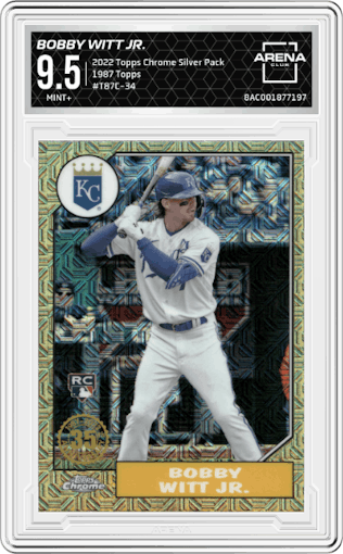 Bobby Witt Jr. from the 2022 Topps Baseball Silver Pack  set graded by Arena Club and given an overall grade of 9.5.