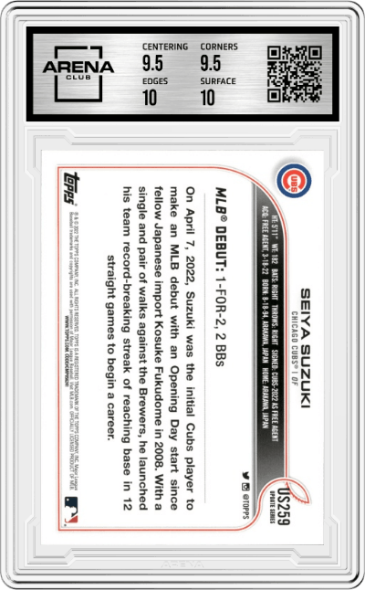 Seiya Suzuki from the 2022 Topps Update  set graded by Arena Club and given an overall grade of 10.