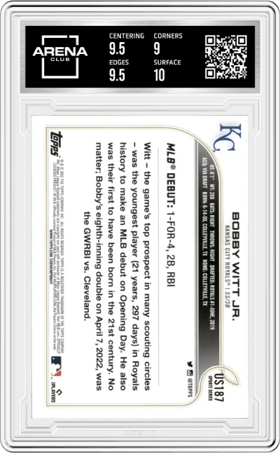 Bobby Witt Jr. from the 2022 Topps Update  set graded by Arena Club and given an overall grade of 9.5.