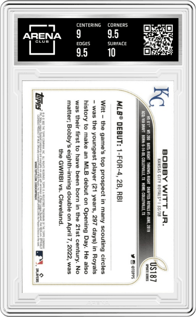 Bobby Witt Jr. from the 2022 Topps Update  set graded by Arena Club and given an overall grade of 9.5.
