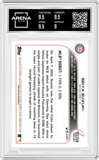 Seiya Suzuki from the 2022 Topps Update  set graded by Arena Club and given an overall grade of 9.5.