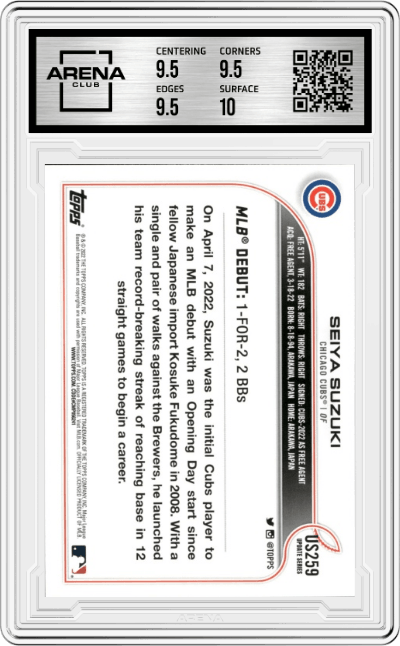 Seiya Suzuki from the 2022 Topps Update  set graded by Arena Club and given an overall grade of 10.