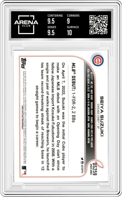 Seiya Suzuki from the 2022 Topps Update  set graded by Arena Club and given an overall grade of 9.5.