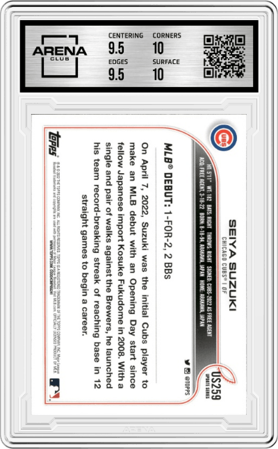 Seiya Suzuki from the 2022 Topps Update  set graded by Arena Club and given an overall grade of 10.