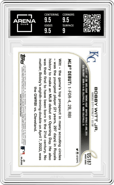 Bobby Witt Jr. from the 2022 Topps Update  set graded by Arena Club and given an overall grade of 9.5.