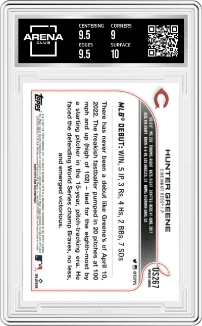 Hunter Greene from the 2022 Topps Update  set graded by Arena Club and given an overall grade of 9.5.