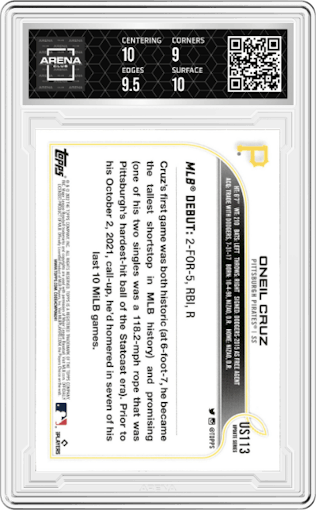 Oneil Cruz from the 2022 Topps Update  set graded by Arena Club and given an overall grade of 9.5.