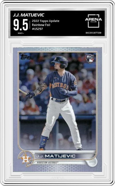 J.J. Matijevic from the 2022 Topps Update  set featuring a Rainbow Foil parallel graded by Arena Club and given an overall grade of 9.5.