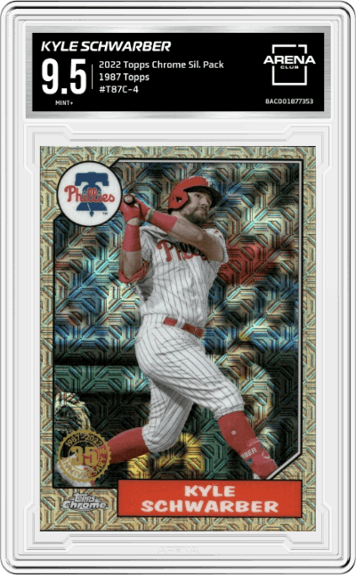 Kyle Schwarber from the 2022 Topps Silver Pack  set graded by Arena Club and given an overall grade of 9.5.