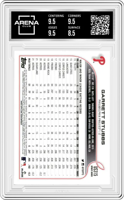 Garrett Stubbs from the 2022 Topps Update  set featuring a Rainbow Foil parallel graded by Arena Club and given an overall grade of 9.
