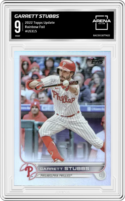 Garrett Stubbs from the 2022 Topps Update  set featuring a Rainbow Foil parallel graded by Arena Club and given an overall grade of 9.