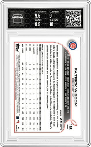 Patrick Wisdom from the 2022 Topps Chrome set featuring a Refractor parallel graded by Arena Club and given an overall grade of 9.5.