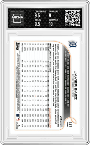 Javier Baez from the 2022 Topps Chrome set featuring a Refractor parallel graded by Arena Club and given an overall grade of 9.5.