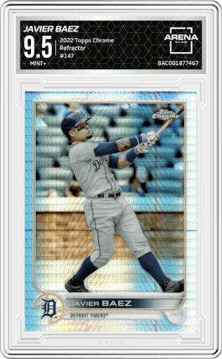 Javier Baez from the 2022 Topps Chrome set featuring a Refractor parallel graded by Arena Club and given an overall grade of 9.5.