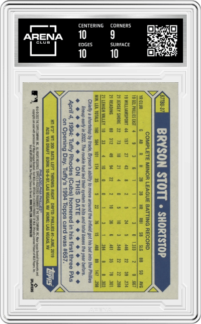 Bryson Stott from the 2022 Topps Update  set graded by Arena Club and given an overall grade of 9.5.