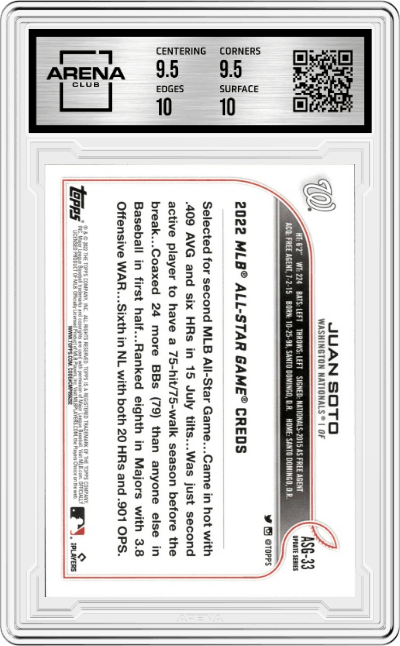 Juan Soto from the 2022 Topps Update  set graded by Arena Club and given an overall grade of 10.
