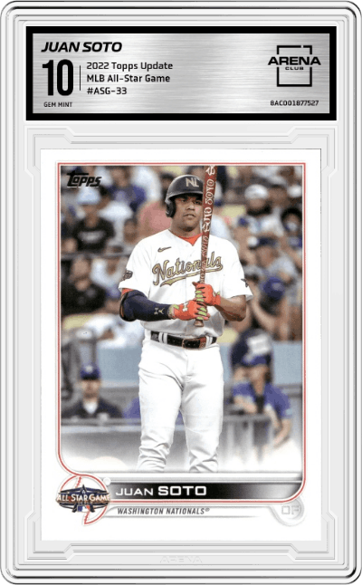 Juan Soto from the 2022 Topps Update  set graded by Arena Club and given an overall grade of 10.