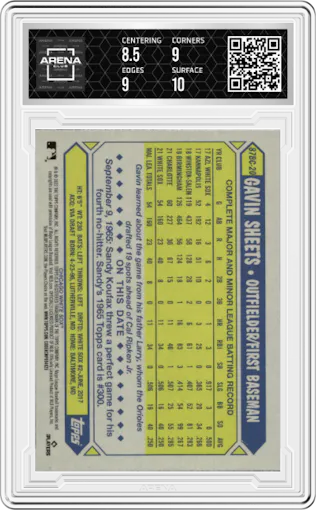 Gavin Sheets from the 2022 Topps Chrome set graded by Arena Club and given an overall grade of 9.