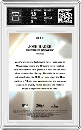 Josh Hader from the 2022 Topps Chrome set graded by Arena Club and given an overall grade of 9.5.