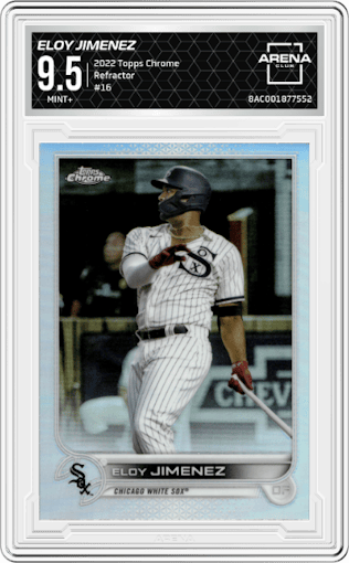Eloy Jimenez from the 2022 Topps Chrome set featuring a Refractor parallel graded by Arena Club and given an overall grade of 9.5.