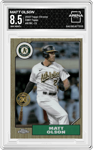Matt Olson from the 2022 Topps Chrome set graded by Arena Club and given an overall grade of 8.5.