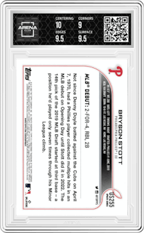 Bryson Stott from the 2022 Topps Update  set featuring a Rainbow Foil parallel graded by Arena Club and given an overall grade of 9.5.