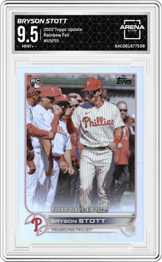 Bryson Stott from the 2022 Topps Update  set featuring a Rainbow Foil parallel graded by Arena Club and given an overall grade of 9.5.