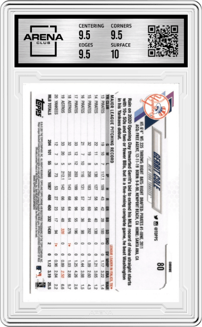 Gerrit Cole from the 2021 Topps Chrome set featuring a Prism Refractor parallel graded by Arena Club and given an overall grade of 10.
