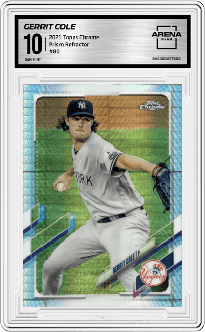 Gerrit Cole from the 2021 Topps Chrome set featuring a Prism Refractor parallel graded by Arena Club and given an overall grade of 10.